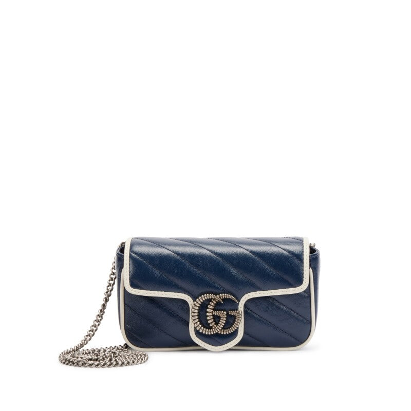 Gucci

Navy Diagonal Matelasse Vintage Effect Calfskin Super Mini Torchon GG Marmont Silver Hardware